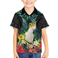 Sulphur-crested Cockatoo New Zealand Family Matching Off Shoulder Short Dress and Hawaiian Shirt Paua Shell Aotearoa Maori Tropical Flowers - Polynesian Pride
