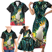Sulphur-crested Cockatoo New Zealand Family Matching Short Sleeve Bodycon Dress and Hawaiian Shirt Paua Shell Aotearoa Maori Tropical Flowers - Polynesian Pride