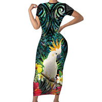 Sulphur-crested Cockatoo New Zealand Family Matching Short Sleeve Bodycon Dress and Hawaiian Shirt Paua Shell Aotearoa Maori Tropical Flowers - Polynesian Pride