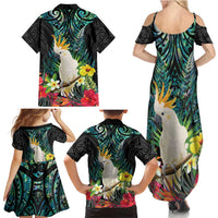 Sulphur-crested Cockatoo New Zealand Family Matching Summer Maxi Dress and Hawaiian Shirt Paua Shell Aotearoa Maori Tropical Flowers - Polynesian Pride