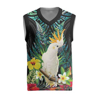 Sulphur-crested Cockatoo New Zealand Christmas Knitted V-Neck Vest Paua Shell Aotearoa Maori Tropical Flowers - Polynesian Pride
