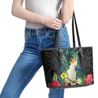 Sulphur-crested Cockatoo New Zealand Leather Tote Bag Paua Shell Aotearoa Maori Tropical Flowers - Polynesian Pride