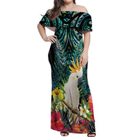Sulphur-crested Cockatoo New Zealand Off Shoulder Maxi Dress Paua Shell Aotearoa Maori Tropical Flowers - Polynesian Pride