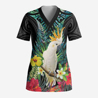 Sulphur-crested Cockatoo New Zealand Scrub Top Paua Shell Aotearoa Maori Tropical Flowers - Polynesian Pride