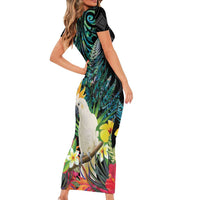 Sulphur-crested Cockatoo New Zealand Short Sleeve Bodycon Dress Paua Shell Aotearoa Maori Tropical Flowers - Polynesian Pride