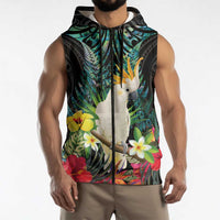 Sulphur-crested Cockatoo New Zealand Sleeveless Zip Hoodie Paua Shell Aotearoa Maori Tropical Flowers - Polynesian Pride