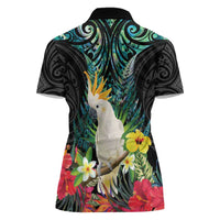 Sulphur-crested Cockatoo New Zealand Women Polo Shirt Paua Shell Aotearoa Maori Tropical Flowers - Polynesian Pride