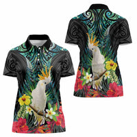 Sulphur-crested Cockatoo New Zealand Women Polo Shirt Paua Shell Aotearoa Maori Tropical Flowers - Polynesian Pride