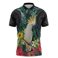 Sulphur-crested Cockatoo New Zealand Zipper Polo Shirt Paua Shell Aotearoa Maori Tropical Flowers - Polynesian Pride