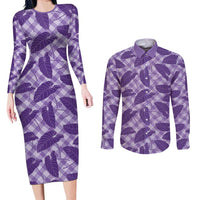 Purple Hawaii Kalo Palaka Motifs Couples Matching Long Sleeve Bodycon Dress and Long Sleeve Button Shirt Hawaiian Taro Leaves Elegant Vibes - Polynesian Pride