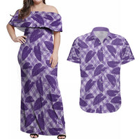 Purple Hawaii Kalo Palaka Motifs Couples Matching Off Shoulder Maxi Dress and Hawaiian Shirt Hawaiian Taro Leaves Elegant Vibes - Polynesian Pride