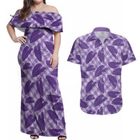 Purple Hawaii Kalo Palaka Motifs Couples Matching Off Shoulder Maxi Dress and Hawaiian Shirt Hawaiian Taro Leaves Elegant Vibes - Polynesian Pride