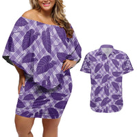 Purple Hawaii Kalo Palaka Motifs Couples Matching Off Shoulder Short Dress and Hawaiian Shirt Hawaiian Taro Leaves Elegant Vibes - Polynesian Pride