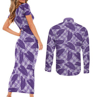 Purple Hawaii Kalo Palaka Motifs Couples Matching Short Sleeve Bodycon Dress and Long Sleeve Button Shirt Hawaiian Taro Leaves Elegant Vibes - Polynesian Pride