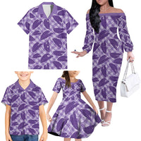 Purple Hawaii Kalo Palaka Motifs Family Matching Off The Shoulder Long Sleeve Dress and Hawaiian Shirt Hawaiian Taro Leaves Elegant Vibes - Polynesian Pride