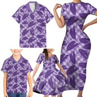 Purple Hawaii Kalo Palaka Motifs Family Matching Short Sleeve Bodycon Dress and Hawaiian Shirt Hawaiian Taro Leaves Elegant Vibes - Polynesian Pride