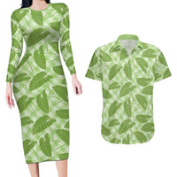 Green Hawaii Kalo Palaka Motifs Couples Matching Long Sleeve Bodycon Dress and Hawaiian Shirt Hawaiian Taro Leaves Elegant Vibes - Polynesian Pride