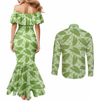 Green Hawaii Kalo Palaka Motifs Couples Matching Mermaid Dress and Long Sleeve Button Shirt Hawaiian Taro Leaves Elegant Vibes - Polynesian Pride