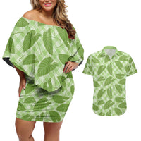 Green Hawaii Kalo Palaka Motifs Couples Matching Off Shoulder Short Dress and Hawaiian Shirt Hawaiian Taro Leaves Elegant Vibes - Polynesian Pride