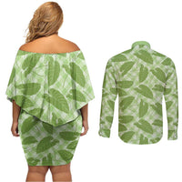 Green Hawaii Kalo Palaka Motifs Couples Matching Off Shoulder Short Dress and Long Sleeve Button Shirt Hawaiian Taro Leaves Elegant Vibes - Polynesian Pride