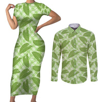 Green Hawaii Kalo Palaka Motifs Couples Matching Short Sleeve Bodycon Dress and Long Sleeve Button Shirt Hawaiian Taro Leaves Elegant Vibes - Polynesian Pride