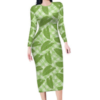 Green Hawaii Kalo Palaka Motifs Family Matching Long Sleeve Bodycon Dress and Hawaiian Shirt Hawaiian Taro Leaves Elegant Vibes - Polynesian Pride