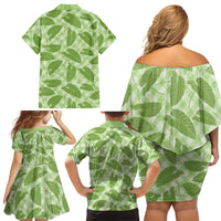 Green Hawaii Kalo Palaka Motifs Family Matching Off Shoulder Short Dress and Hawaiian Shirt Hawaiian Taro Leaves Elegant Vibes - Polynesian Pride