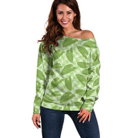 Green Hawaii Kalo Palaka Motifs Off Shoulder Sweater Hawaiian Taro Leaves Elegant Vibes - Polynesian Pride
