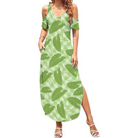 Green Hawaii Kalo Palaka Motifs Summer Maxi Dress Hawaiian Taro Leaves Elegant Vibes - Polynesian Pride