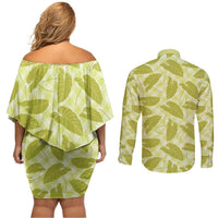 Lime Green Hawaii Kalo Palaka Motifs Couples Matching Off Shoulder Short Dress and Long Sleeve Button Shirt Hawaiian Taro Leaves Elegant Vibes - Polynesian Pride