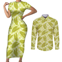 Lime Green Hawaii Kalo Palaka Motifs Couples Matching Short Sleeve Bodycon Dress and Long Sleeve Button Shirt Hawaiian Taro Leaves Elegant Vibes - Polynesian Pride