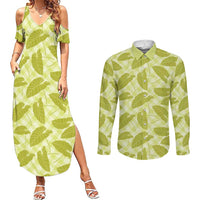 Lime Green Hawaii Kalo Palaka Motifs Couples Matching Summer Maxi Dress and Long Sleeve Button Shirt Hawaiian Taro Leaves Elegant Vibes - Polynesian Pride