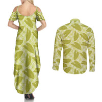 Lime Green Hawaii Kalo Palaka Motifs Couples Matching Summer Maxi Dress and Long Sleeve Button Shirt Hawaiian Taro Leaves Elegant Vibes - Polynesian Pride