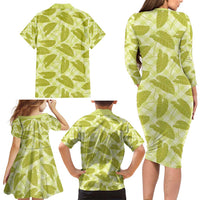 Lime Green Hawaii Kalo Palaka Motifs Family Matching Long Sleeve Bodycon Dress and Hawaiian Shirt Hawaiian Taro Leaves Elegant Vibes - Polynesian Pride