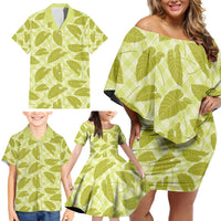 Lime Green Hawaii Kalo Palaka Motifs Family Matching Off Shoulder Short Dress and Hawaiian Shirt Hawaiian Taro Leaves Elegant Vibes - Polynesian Pride