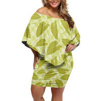 Lime Green Hawaii Kalo Palaka Motifs Family Matching Off Shoulder Short Dress and Hawaiian Shirt Hawaiian Taro Leaves Elegant Vibes - Polynesian Pride
