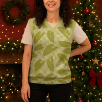 Lime Green Hawaii Kalo Palaka Motifs Christmas Knitted V-Neck Vest Hawaiian Taro Leaves Elegant Vibes - Polynesian Pride