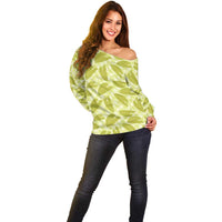 Lime Green Hawaii Kalo Palaka Motifs Off Shoulder Sweater Hawaiian Taro Leaves Elegant Vibes - Polynesian Pride