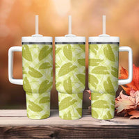 Lime Green Hawaii Kalo Palaka Motifs Tumbler With Handle Hawaiian Taro Leaves Elegant Vibes - Polynesian Pride