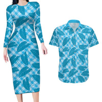 Blue Hawaii Kalo Palaka Motifs Couples Matching Long Sleeve Bodycon Dress and Hawaiian Shirt Hawaiian Taro Leaves Elegant Vibes - Polynesian Pride
