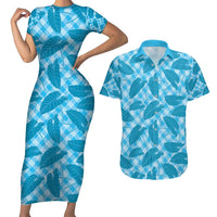 Blue Hawaii Kalo Palaka Motifs Couples Matching Short Sleeve Bodycon Dress and Hawaiian Shirt Hawaiian Taro Leaves Elegant Vibes - Polynesian Pride