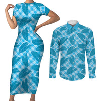 Blue Hawaii Kalo Palaka Motifs Couples Matching Short Sleeve Bodycon Dress and Long Sleeve Button Shirt Hawaiian Taro Leaves Elegant Vibes - Polynesian Pride
