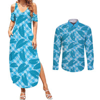 Blue Hawaii Kalo Palaka Motifs Couples Matching Summer Maxi Dress and Long Sleeve Button Shirt Hawaiian Taro Leaves Elegant Vibes - Polynesian Pride