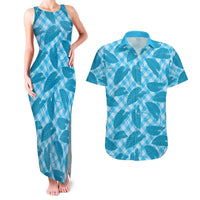 Blue Hawaii Kalo Palaka Motifs Couples Matching Tank Maxi Dress and Hawaiian Shirt Hawaiian Taro Leaves Elegant Vibes - Polynesian Pride