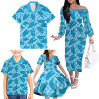 Blue Hawaii Kalo Palaka Motifs Family Matching Off The Shoulder Long Sleeve Dress and Hawaiian Shirt Hawaiian Taro Leaves Elegant Vibes - Polynesian Pride