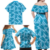 Blue Hawaii Kalo Palaka Motifs Family Matching Off Shoulder Maxi Dress and Hawaiian Shirt Hawaiian Taro Leaves Elegant Vibes - Polynesian Pride