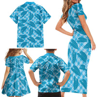 Blue Hawaii Kalo Palaka Motifs Family Matching Short Sleeve Bodycon Dress and Hawaiian Shirt Hawaiian Taro Leaves Elegant Vibes - Polynesian Pride