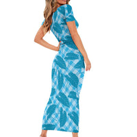 Blue Hawaii Kalo Palaka Motifs Family Matching Short Sleeve Bodycon Dress and Hawaiian Shirt Hawaiian Taro Leaves Elegant Vibes - Polynesian Pride