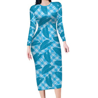 Blue Hawaii Kalo Palaka Motifs Long Sleeve Bodycon Dress Hawaiian Taro Leaves Elegant Vibes - Polynesian Pride