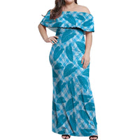 Blue Hawaii Kalo Palaka Motifs Off Shoulder Maxi Dress Hawaiian Taro Leaves Elegant Vibes - Polynesian Pride